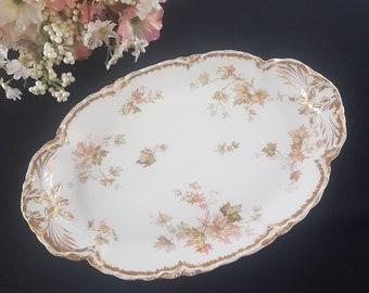 Haviland Limoges AUTUMN LEAF Isle de France, Platter, Pink Green Yellow Leaf, Scalloped Edge, Embossed