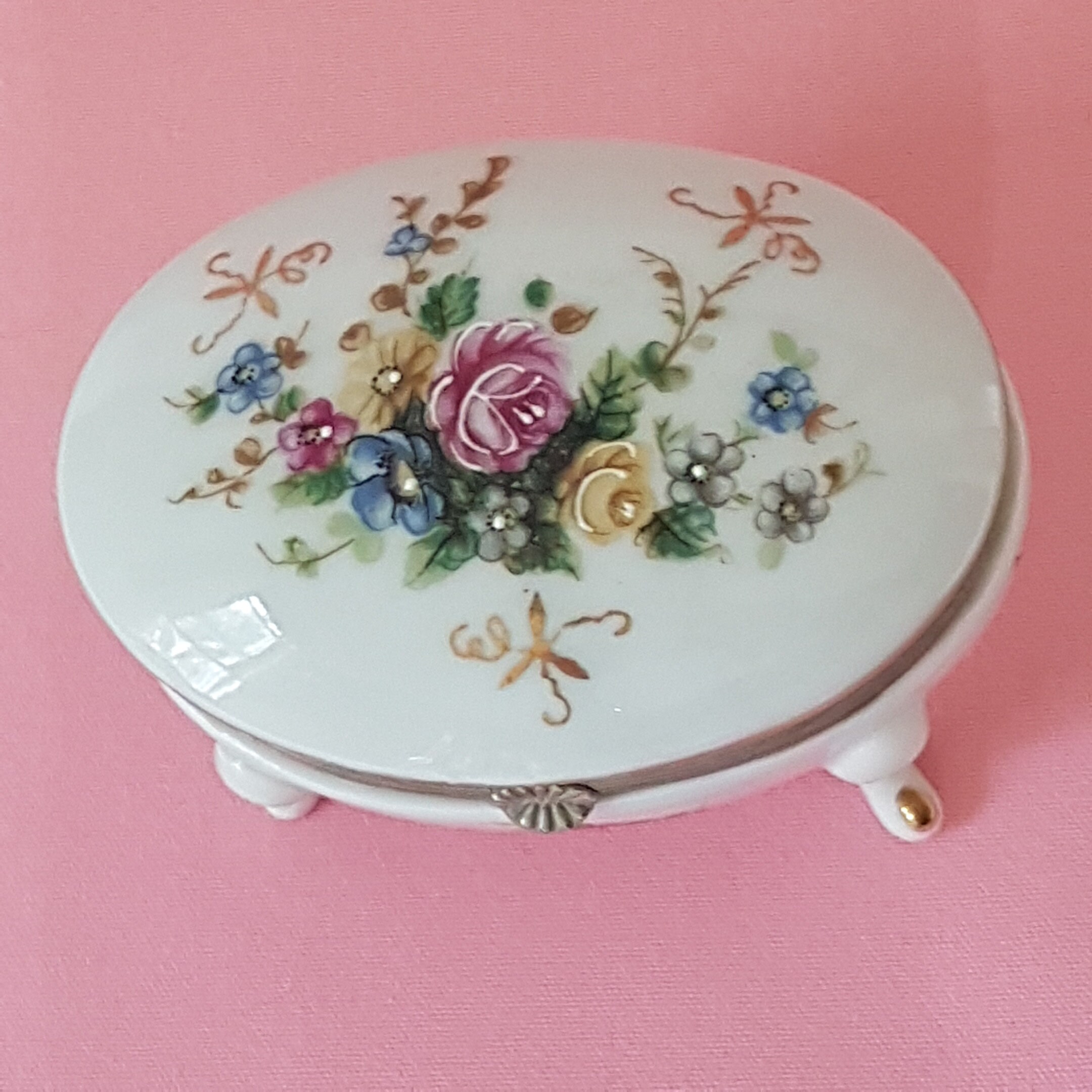 Hand Painted Oval Porcelain Trinket Box with Hinged Top, Romantic