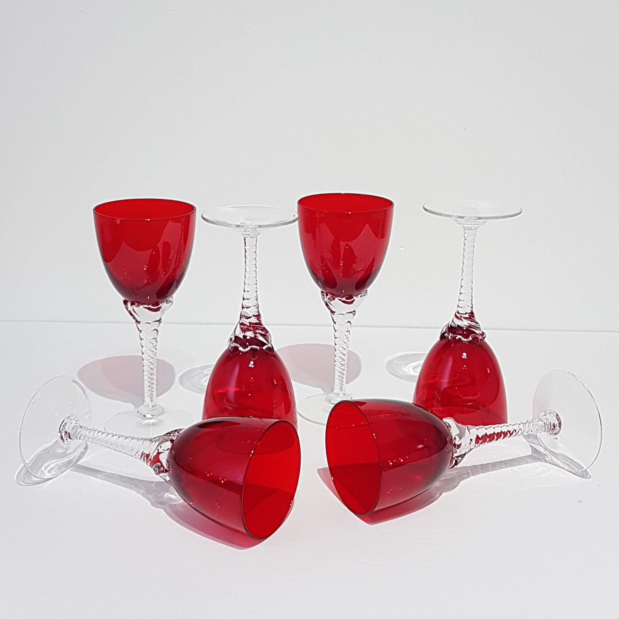2 pc - Ruby Red Sasaki Crystal Wine Glasses Hand Blown Twisted Clear Stem