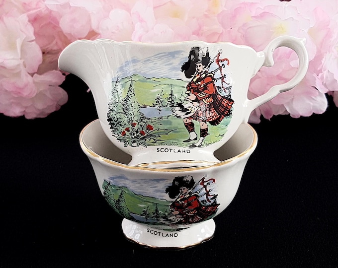 James Kent Old Foley Scotland Sugar Bowl and Milk Jug Set, Scottish Man in Red Tartan with Bagpipes, Made in England