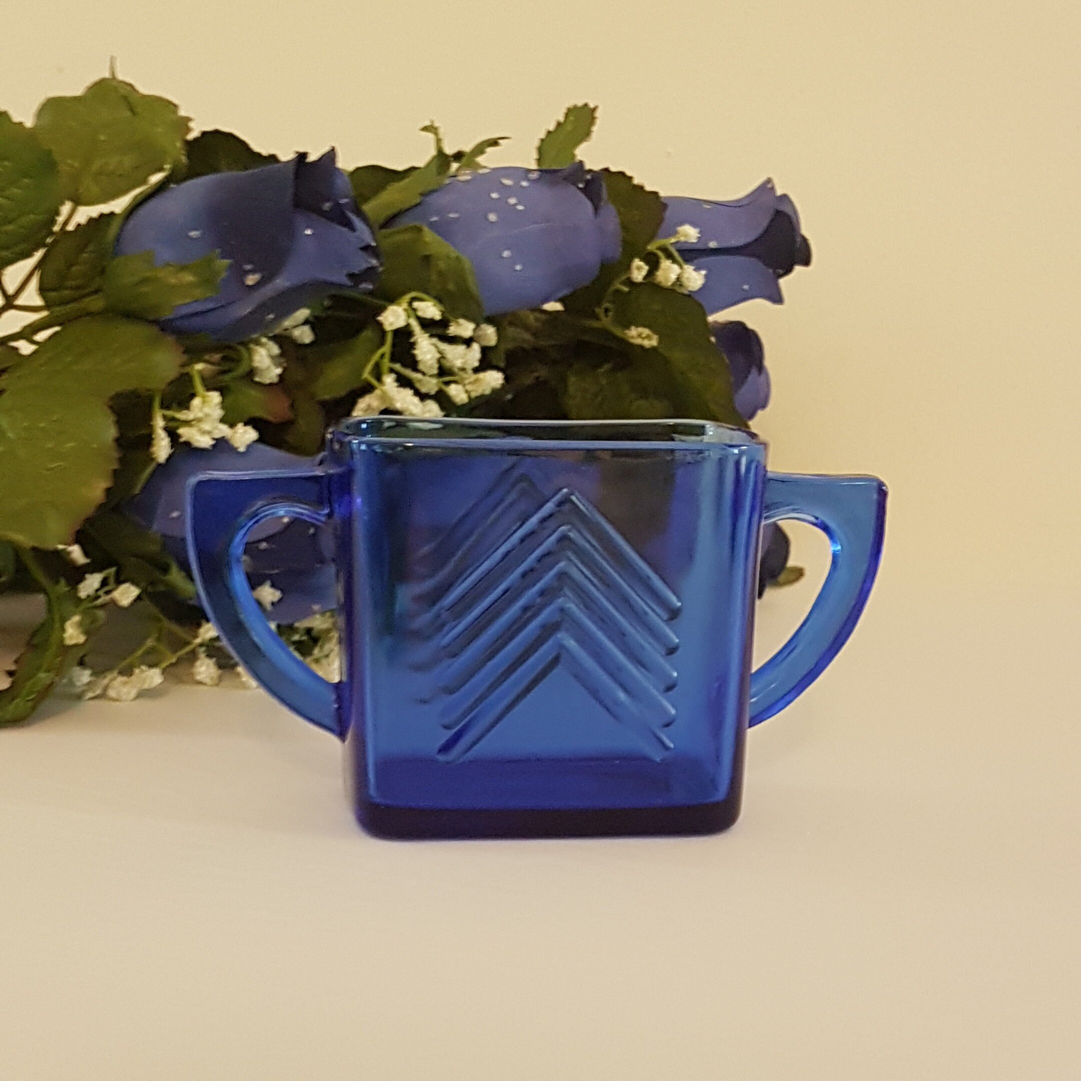 Vintage Hazel Atlas RITZ Cobalt Blue Sugar Bowl with Chevrons, Blue