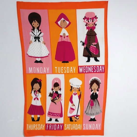 Vintage 1970s Ulster Irish Linen Monday's Child Tea Towel, Retro Nursery Rhyme Wall Hanging