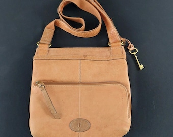 Vintage Fossil Morgan Traveller Crossbody Bag Tan Brown Pebbled Leather