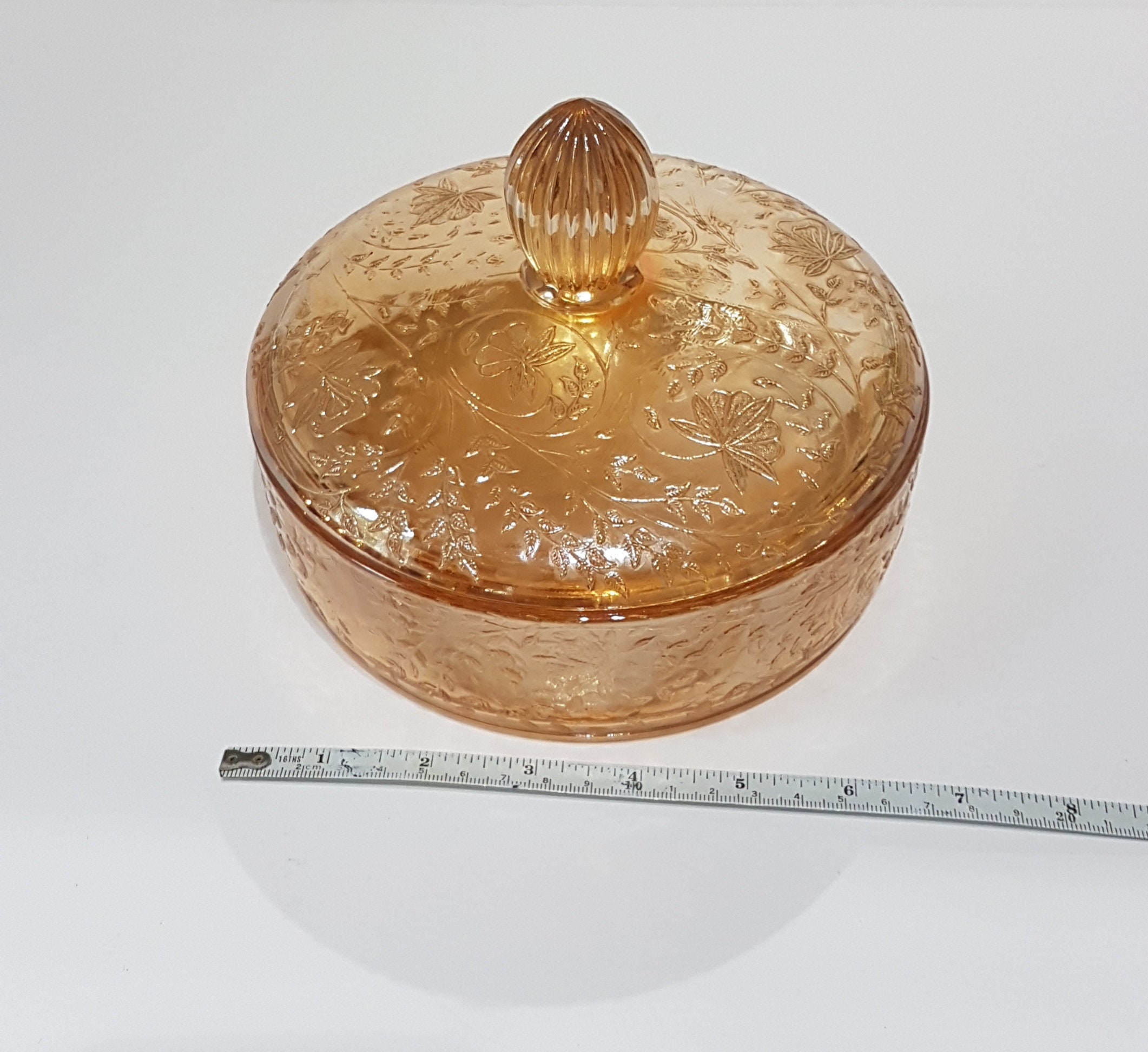 Vintage Glass Louisa Iridescent Floragold Covered Candy Dish