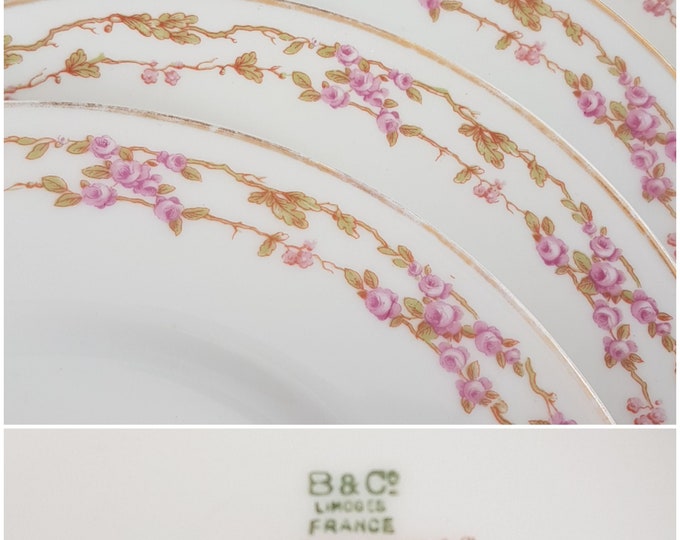 Bernardaud Limoges, Dessert Plates, 7.25 Inch, Set of 4, Pink Rose Vines on Rim, Antique Porcelain Plates, Made in France, 1900-1923