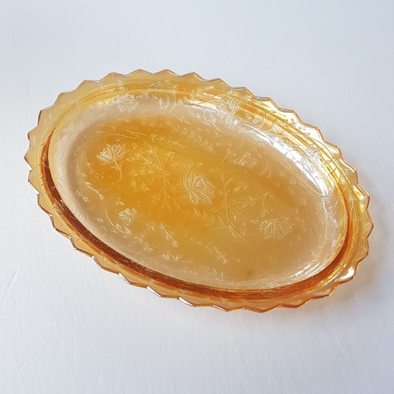 Vintage Jeannette Floragold Louisa Iridescent Glass Platter: Mid-Century Marigold Serving Dish
