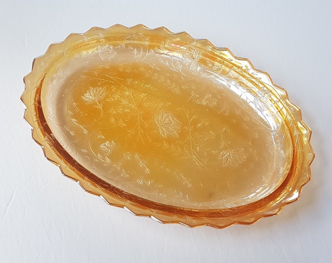 Vintage Jeannette Glass FLORAGOLD LOUISA Iridescent Marigold Glass Oval Platter, 11.5 Inch, Mid Century Glass, Collectible Glass, 1950's