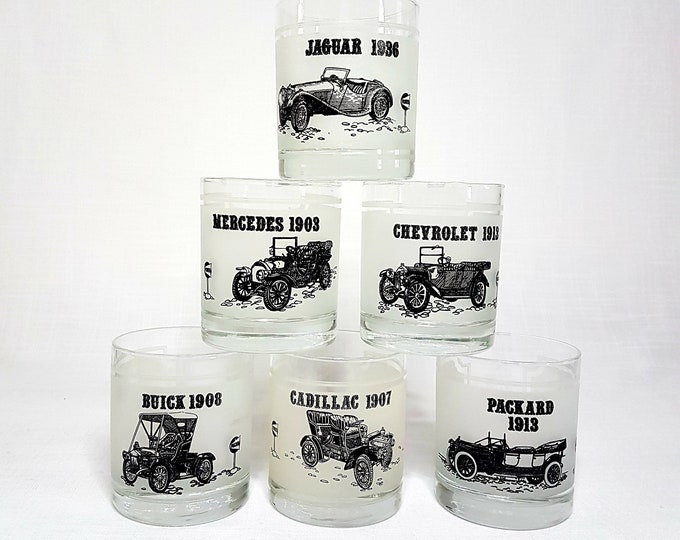 Whiskey Glasses Set of Old Cars, Pioneer Gas Station Promotion, Drinking Glasses, Vintage Automobiles of America