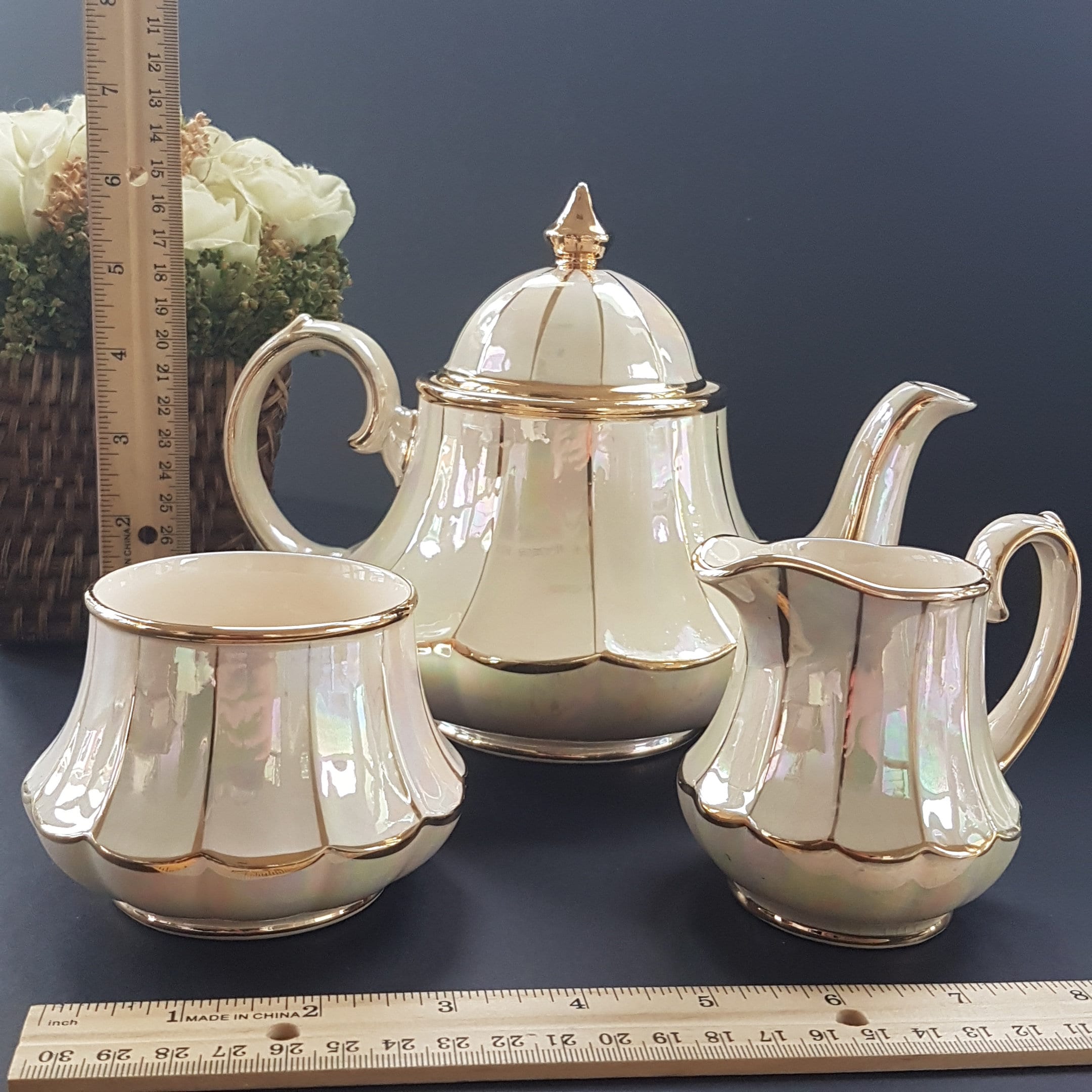 Sadler England Pearl Lustre Tea Set, Teapot Creamer & Sugar Bowl, Bell