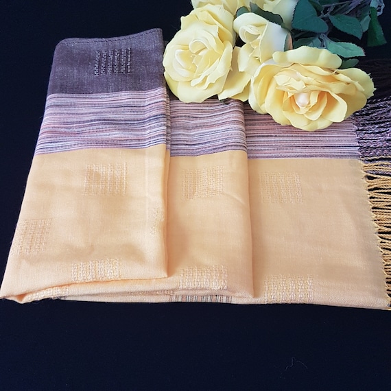 Vintage Yellow Pashmina Wrap: Elegant Striped Evening Shawl with Brown & Orange Accents