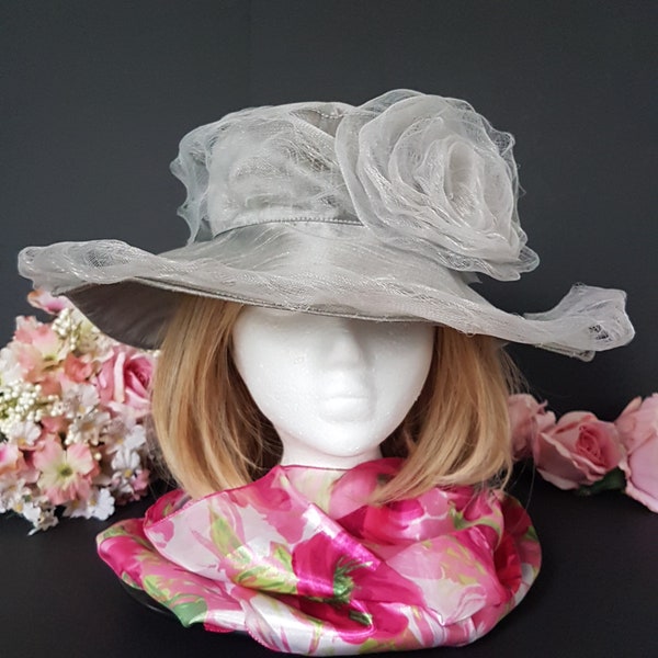 Grey Summer Wide Rim Summer Hat, 21.5 Inch or 54 cm, Formal Summer Wedding, Prom, Tea Party Hat