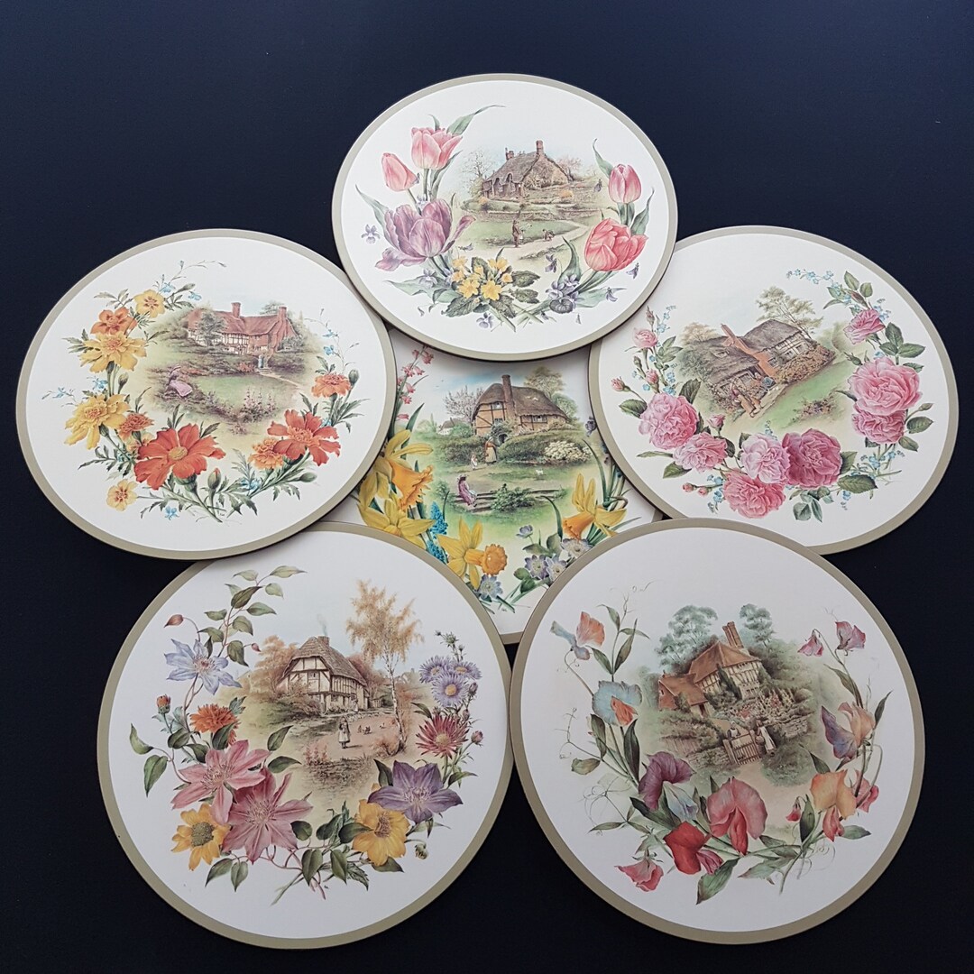 Pimpernel COTTAGE CAMEOS Round Cork Back Placemats, Set of 6 Vintage
