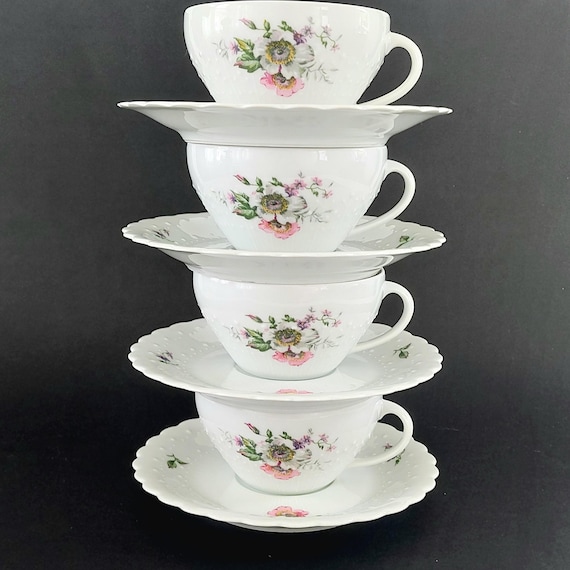 Vintage Georges Boyer Limoges Eglantine Porcelain Teacup Saucer Set of 4 France