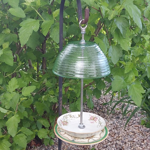 Upcycled Bone China Teacup Bird Feeder with Protective Top Shield, Handcrafted Vintage Shabby Chic Garden Art, Unique Bird Lover Gift