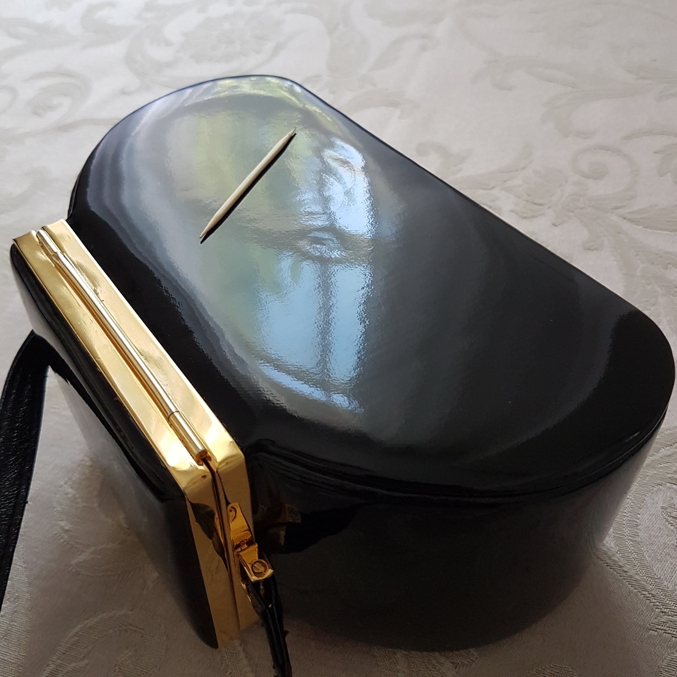 Black Patent Leather Box Purse, Vintage Brumelle Milano Italy, Opens on