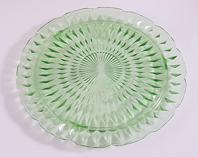 Depression Glass Jeannette WINDSOR Green Footed Cake Plate, 1930s