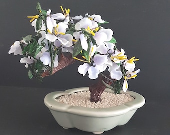 Vintage Glass Bonsai Tree: Purple Cherry Blossom Asian Decor (7x8 Inch)