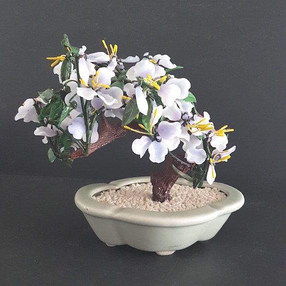 Vintage Glass Bonsai Tree: Purple Cherry Blossom Asian Decor (7x8 Inch)