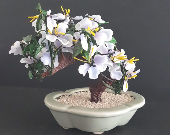 Vintage Glass Bonsai Tree: Purple Cherry Blossom Asian Decor (7x8 Inch)