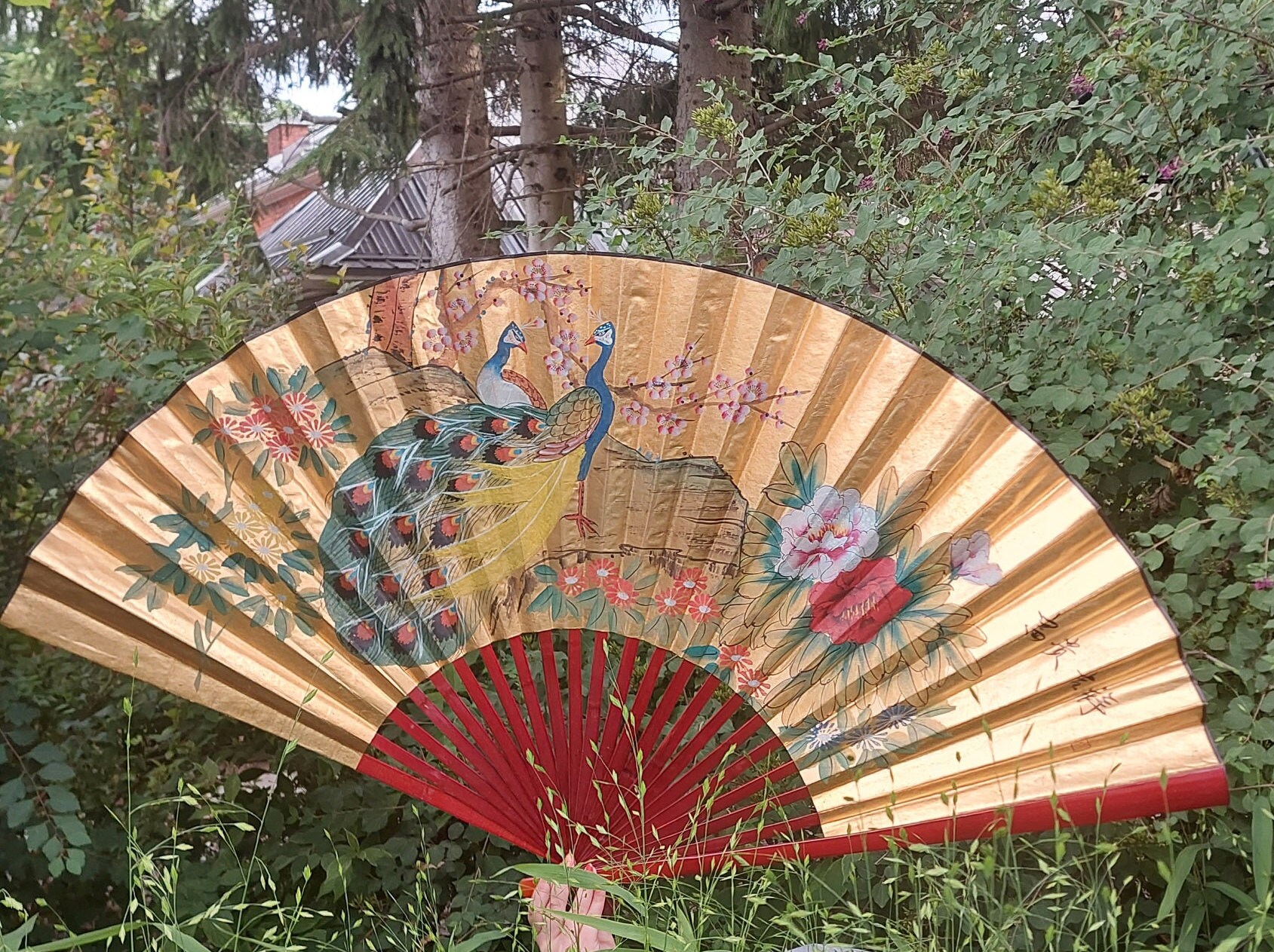 Vintage Large Japanese Decorative Wall Fan, Hand Painted Peacocks and