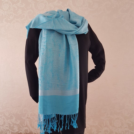 Vintage Blue Silk Pashmina Shawl: Elegant Evening Wrap for Weddings, Festivals & Gifts