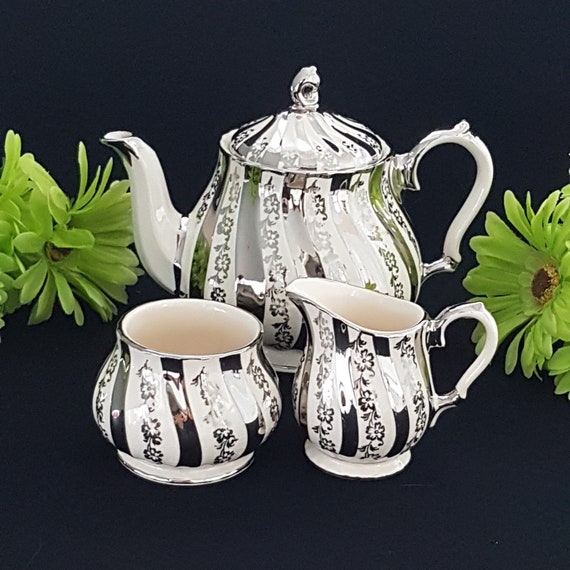Vintage Sadler Silver Floral Overlay English Pottery Tea Set Teapot Creamer Sugar Bowl 1960s