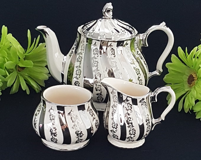 Sadler Teapot Set, Vintage Tea Pot Cream Sugar Set, Silver Floral Overlay 5 Cup, Made in England, 1960s