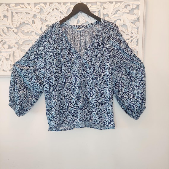 GAP Blue Ditsy Floral Pintuck Blouse XL Balloon Sleeves
