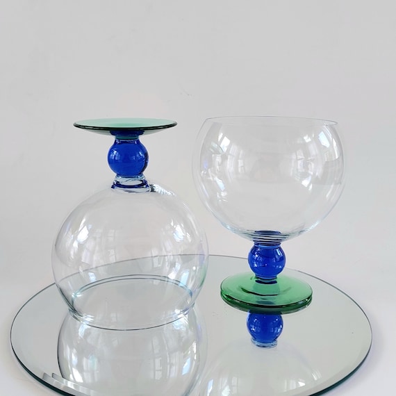 Vintage Cobalt Blue Bubble Stem Green Base Oversized Brandy Snifters Cocktail Glasses Pair