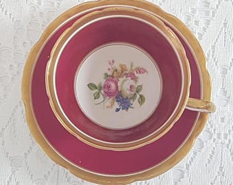Vintage Collingwoods Bone China Tea Cup and Saucer Set: English Floral, Burgundy Red