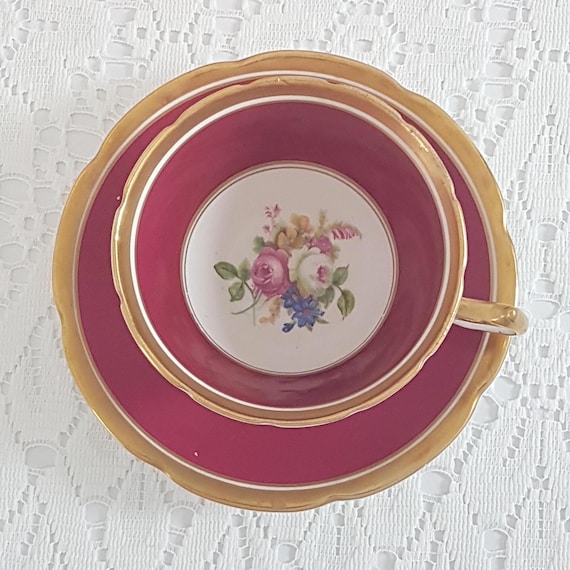 Vintage Collingwoods Bone China Tea Cup and Saucer Set: English Floral, Burgundy Red