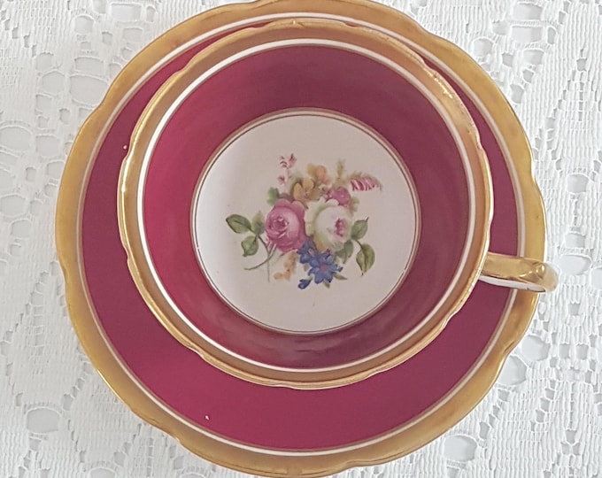 Vintage Collingwoods Bone China Tea Cup and Saucer Set: English Floral, Burgundy Red