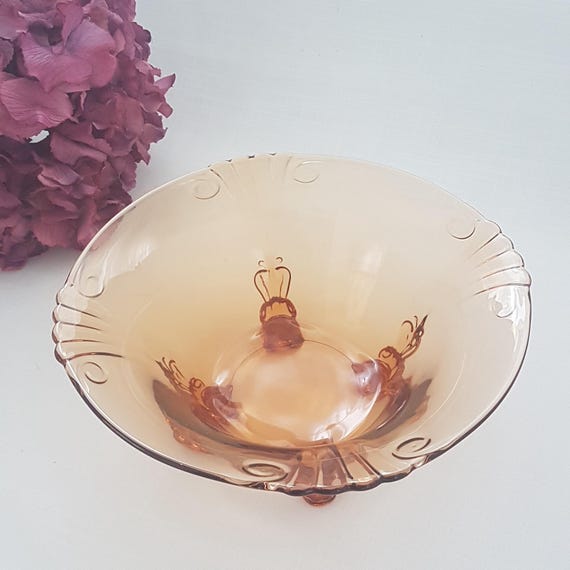 Vintage Heisey Glass Footed Centerpiece Bowl Amber Orange Collectible Compote Serving Dish