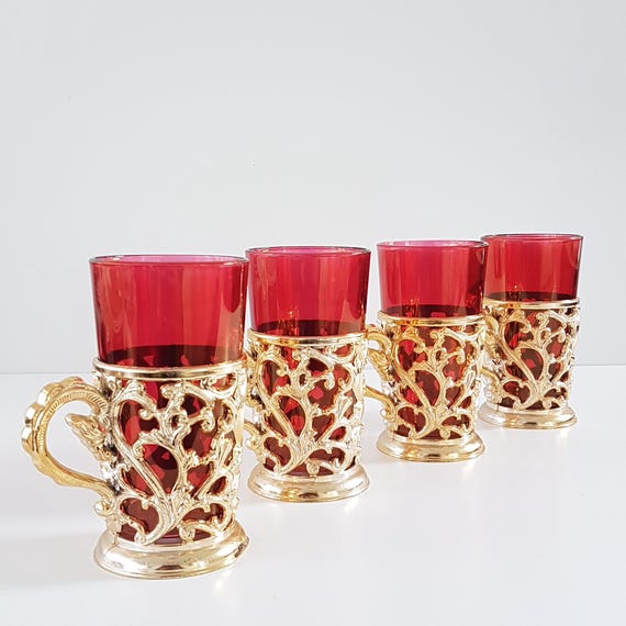 Cranberry Glass Tumblers Vintage Italian Set of 4 Ornate Sleeves Drinking Glasses