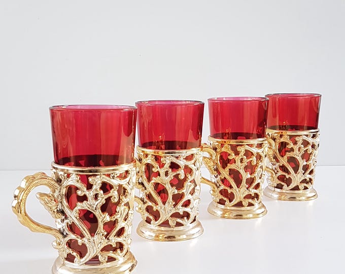 4pc Italian 8oz Cranberry Glass Cups with Ornate Plastic Scrolled Sleeve or Turkish Tea or Iced Coffee