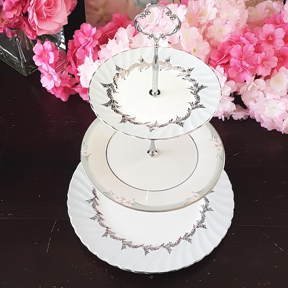 Wedding Cake Stand 3-Tier Gray Silver Bone China Vintage English Tiered Serving Tray Bridal