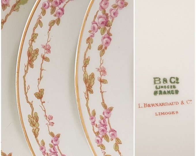 Bernardaud Limoges, Side Plates, 6.25 Inch, Set of 4, Pink Rose Vines on Rim, Pattern BER485, Made in France, 1900-1923