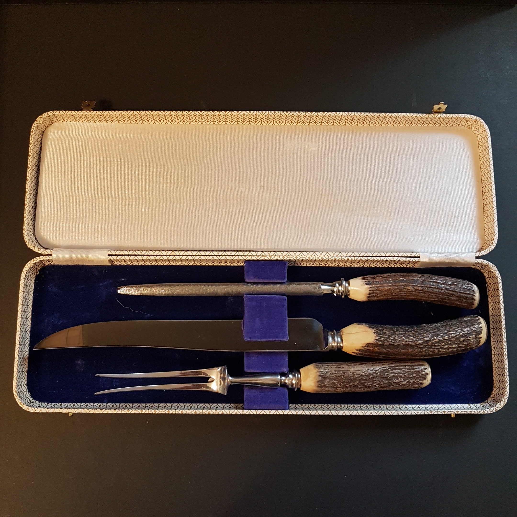 Vintage Genuine Antler Handle 3pc Meat Carving Set, Atkinson Brothers