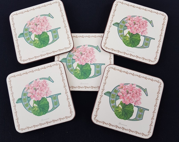 Vintage Pimpernel ALPHABET G is for GERANIUM Boxed 5pc Square Drink Coasters Set, Acrylic Coated, Cork Backed, Made in England