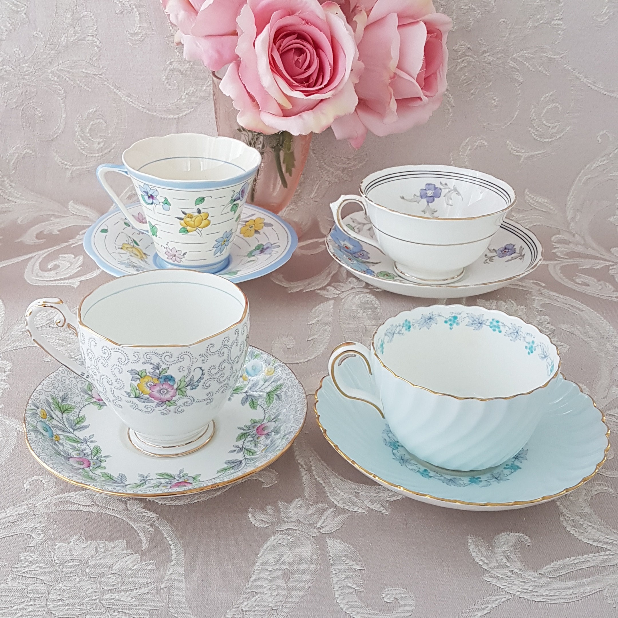 LOT of 4 Blue Floral Mismatched Tea Cups and Saucers, Bulk Vintage
