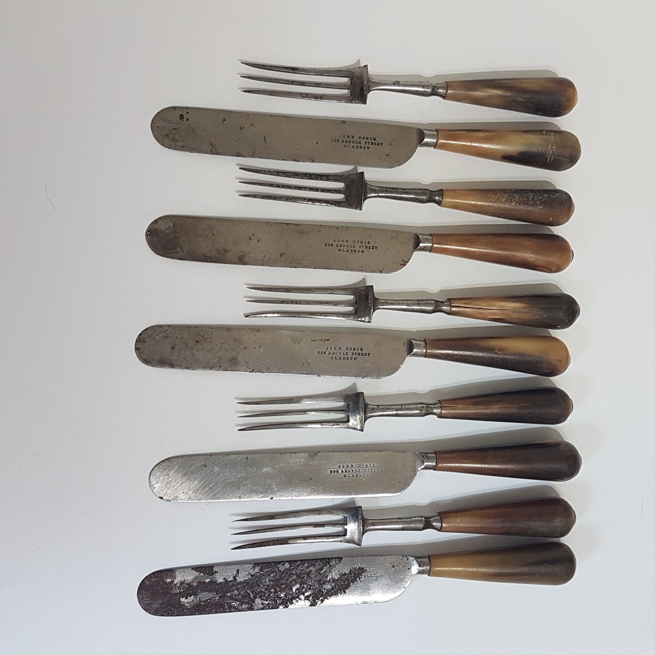 Antique 19th Century John Dobie Cutlery 5 Fork 5 Knife Set, Staghorn