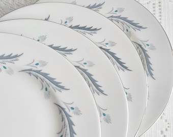 Vintage Paragon Bridal Leaf Plates, Minimalist Botanical Blue Leaf China, Platinum Edge, Mid Century English Dinnerware
