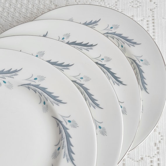 Vintage Paragon Bridal Leaf Plates, Minimalist Botanical Blue Leaf China, Platinum Edge, Mid Century English Dinnerware