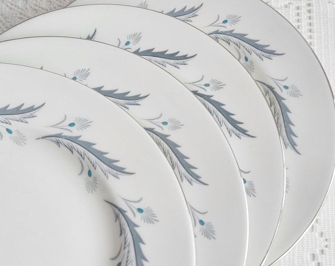 Vintage Paragon Bridal Leaf Plates, Minimalist Botanical Blue Leaf China, Platinum Edge, Mid Century English Dinnerware