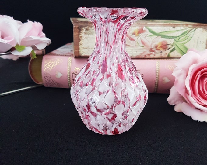 Vintage Chalet Cranberry Blown Glass Vase, 5 Inch Tall, Spatter Glass, End of Day, Free Shipping