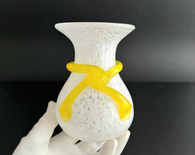 Hand Blown White Art Glass Vase Yellow Ribbon Accent 5 Inch Decorative Flower Holder