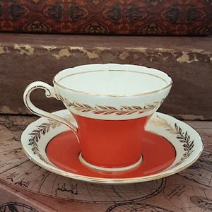 Tazza da tè e piattino vintage Aynsley Coral Orange Corset, porcellana cinese, prodotto in Inghilterra