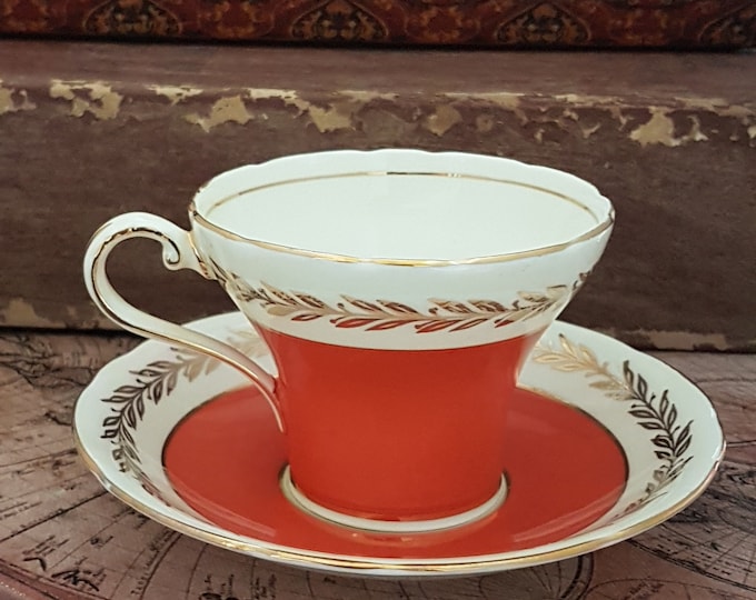 Vintage Aynsley Coral Orange Corset Tea Cup and Saucer, Bone China, Made in England