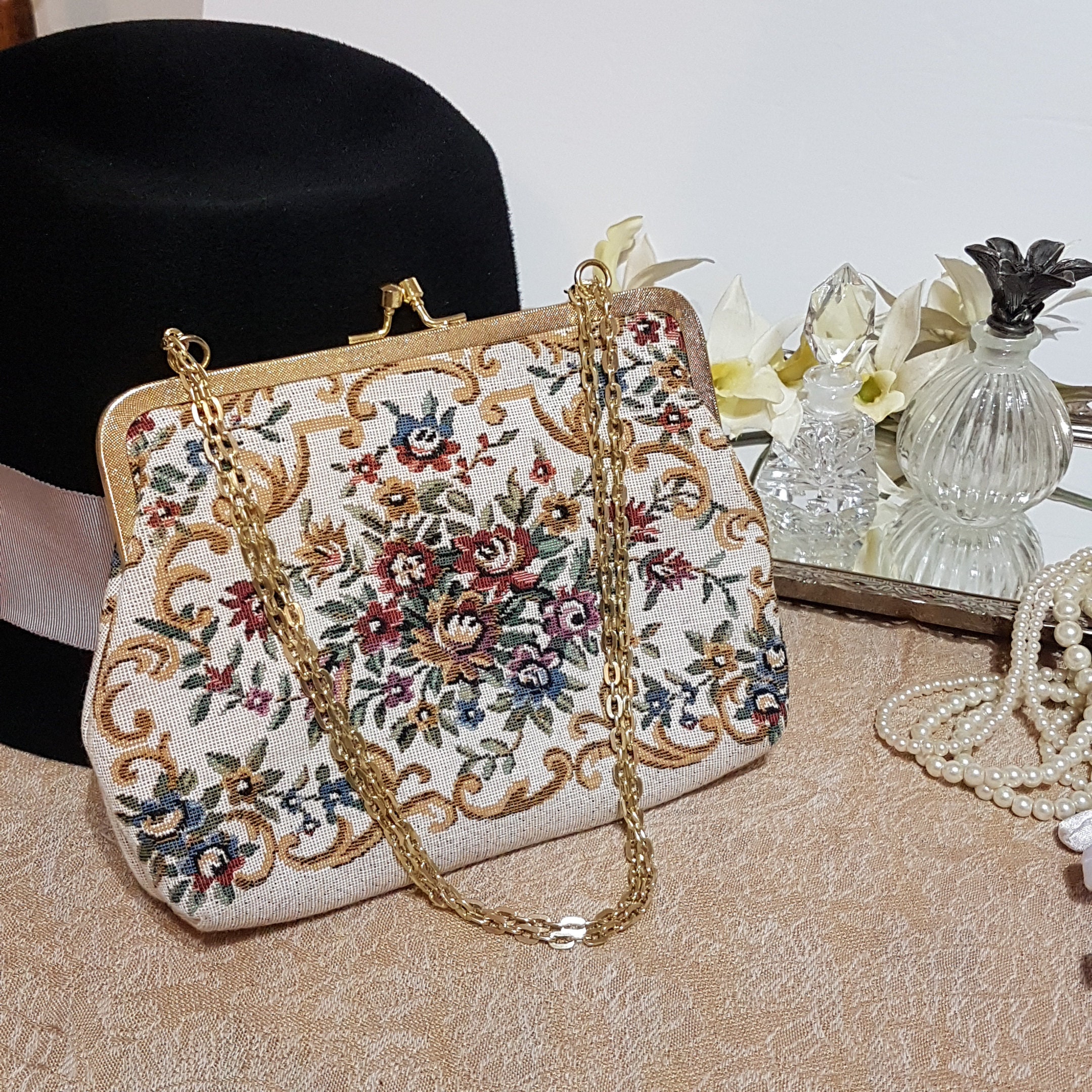 Vintage Floral Tapestry Evening Purse with Adjustable Chain, Converts 