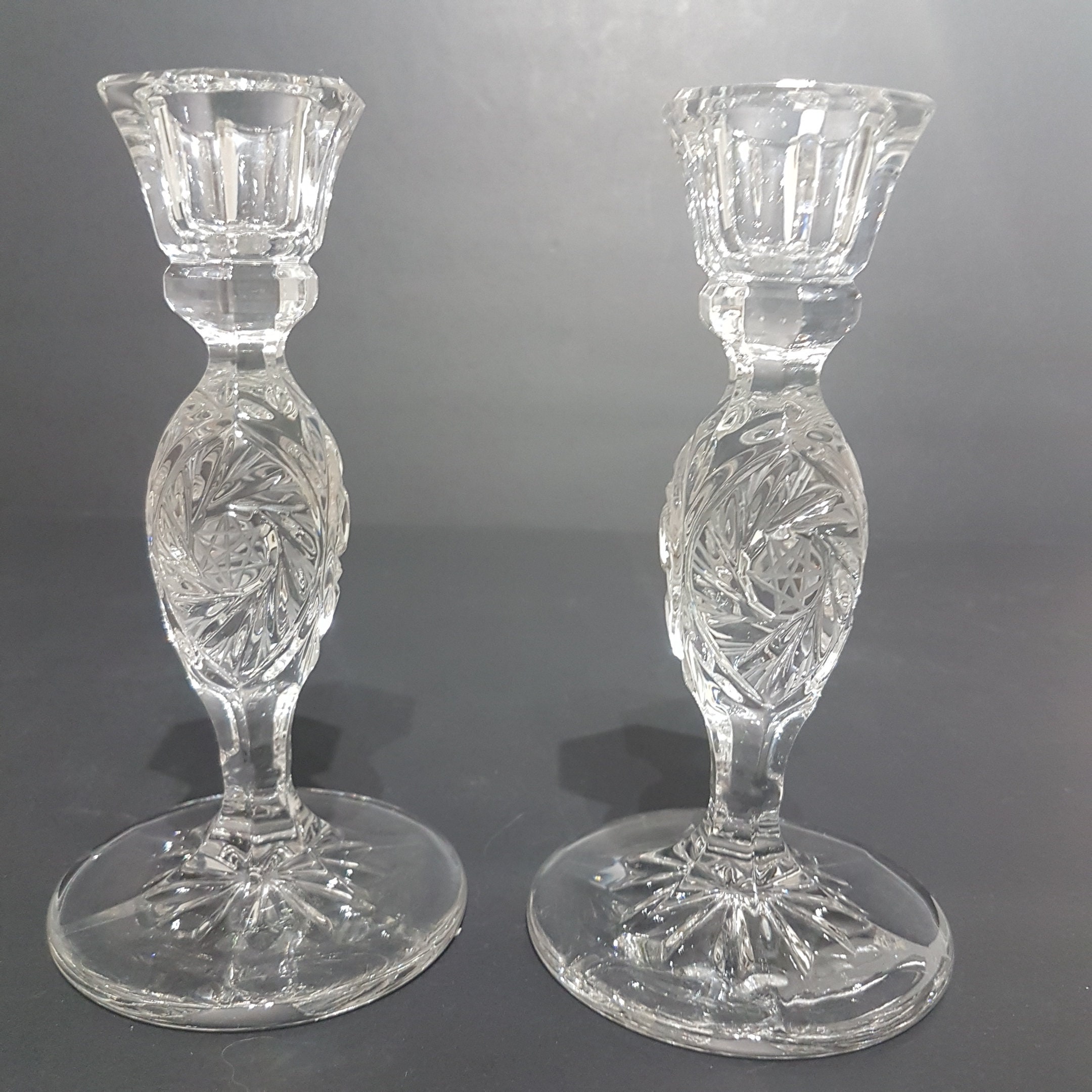Pair of Lead Crystal Single Candle Holder by American Brilliant Cut